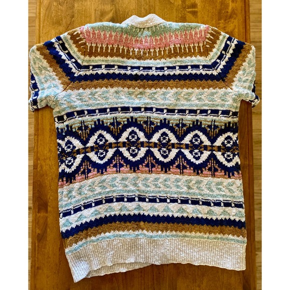 L.L.Bean Women's XLP Fair Isle Knit Cardigan Sweater Pockets Beige Blue EUC - Picture 3 of 9